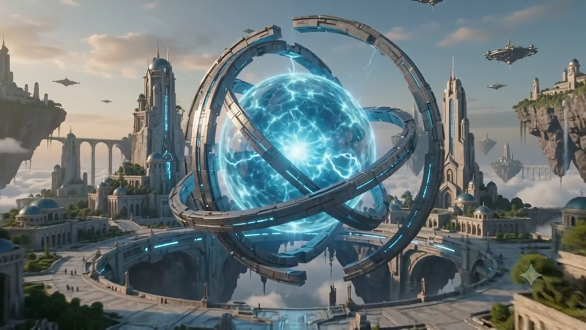 The Floating City above the clouds, powered by a glowing energy core